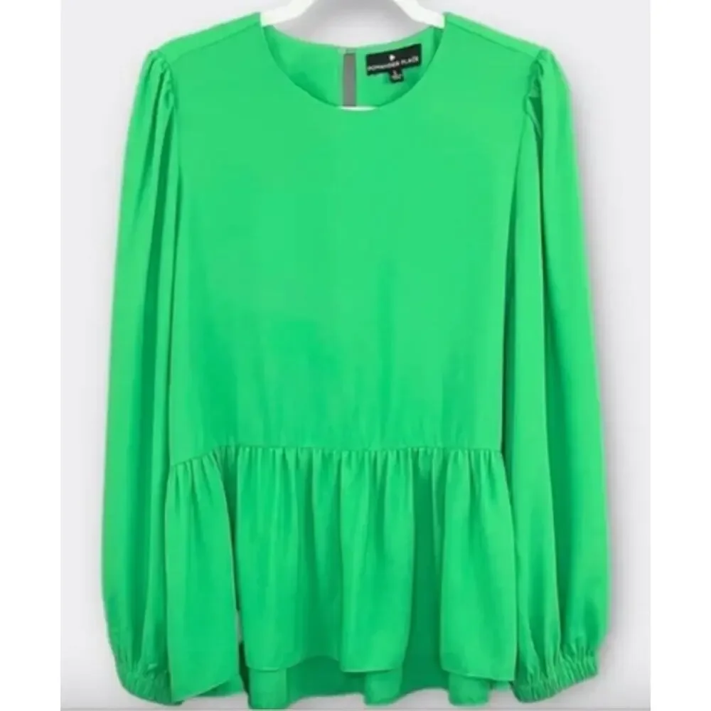 Pomander Place Bright Green Peplum Long Sleeve Blouse Xsmall